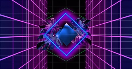 Poster - Geometric shapes and neon grid animation creating futuristic digital tunnel effect