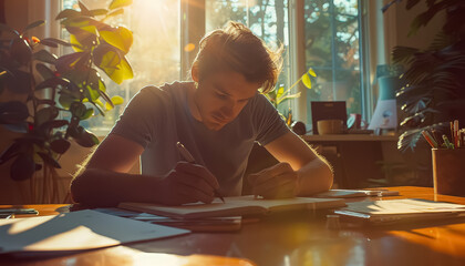 Young man sketching in a sunlit room surrounded by plants, capturing creativity during the afternoon hours