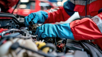 Close up of mechanic hands working on a car engine, a worker in blue gloves repairing and fixing an auto at a modern automotive service center, wearing a red uniform jacket with white stripes.