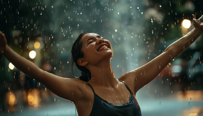 Wall Mural - A woman is smiling and dancing in the rain