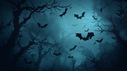 Wall Mural - Bats flying through a dark, misty forest at night