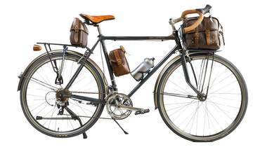 A touring bicycle isolated on a white background, showcasing its robust frame and accessories for long-distance rides.