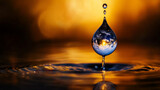 Symboliczna kropla wody z miniaturową planetą Ziemia wewnątrz, przypominająca o globalnym znaczeniu ochrony wody.