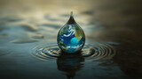 Symboliczna kropla wody z miniaturową planetą Ziemia wewnątrz, przypominająca o globalnym znaczeniu ochrony wody.
