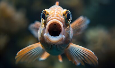 A fish with wide open mouth and big eyes, Surprised, shocked or amazed face front view. 