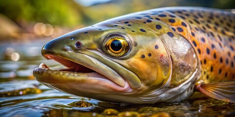 A close-up photo of a bullhead trout's head in a stream, its fishy features sharp and serene, reflective waters providing a peaceful background.