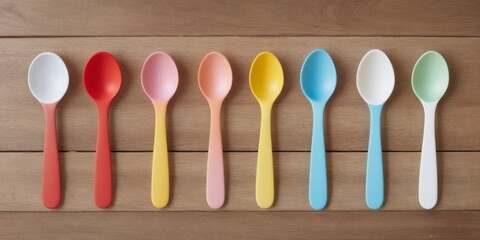 Wall Mural - Colorful plastic spoons in various sizes and colors on wooden su