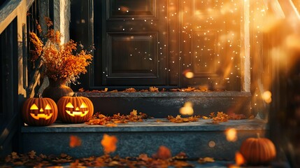 Halloween scene in front of the front door, autumn scene in the city