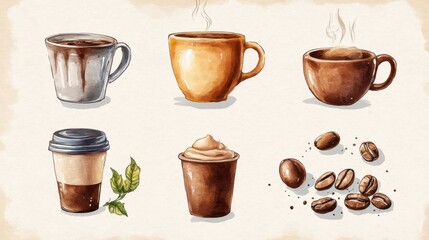 Artistic set of vector coffee beans and coffee cup drinks isolated on brown background,hand-drawn vector,hot coffee drinks,cafe shop,modern flat design,Fashionable and cute coffee motif concept.