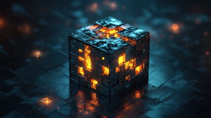 Poster - Glowing Metallic Cube on a Dark Tiled Surface