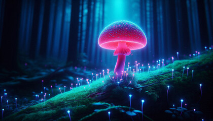 Vibrant neon mushroom glowing in a dark forest