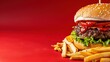 © Anna - A hearty hamburger features a juicy patty topped with fresh lettuce, sliced tomatoes, and melted cheese, accompanied by crispy golden fries on a vibrant red background