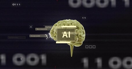 Poster - AI brain model with binary code and data processing animation