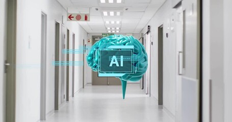 Poster - AI brain model and data processing animation over hospital corridor