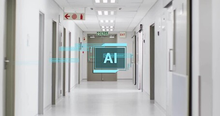 Poster - AI technology animation over hospital corridor with doors and emergency signs
