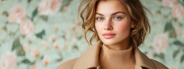  A close-up of a person wearing a coat against a floral wallpaper backdrop