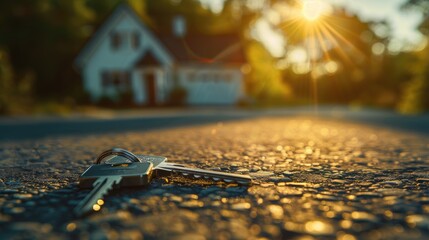 Concept of real estate business, house model and coins stack with green tree leaves on blurred background, banner for home casually