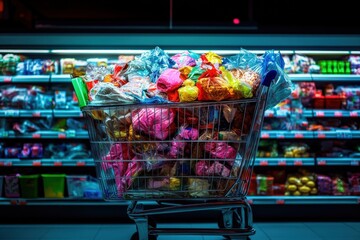 A shopping cart is abundantly filled with a wide range of colorful packaged goods, placed against the background of a supermarket aisle lined with neatly arranged products.