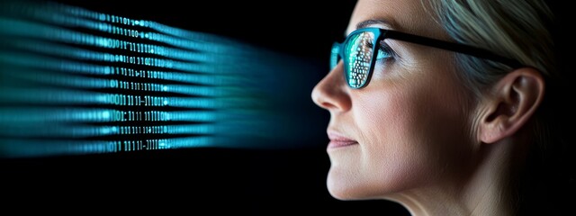 Wall Mural -  A woman wearing glasses intently gazes at a screen, numerical data projected from her eyes towards it