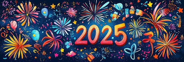 Wall Mural - A festive scene where fireworks explode around the text '2025', with colorful confetti and party elements adding to the celebratory vibe of welcoming the New Year with joy and splendor.