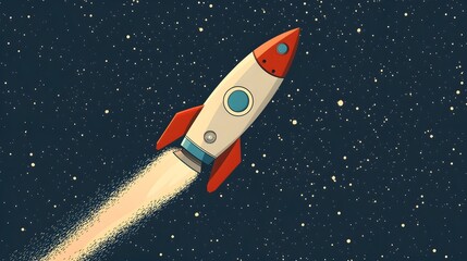 A flat design of a space rocket with a bold red, white, and blue palette