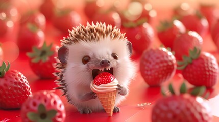 Poster - A cute cartoon hedgehog with big eyes,  eating strawberry ice cream on a cone, surrounded by strawberries on a red background.