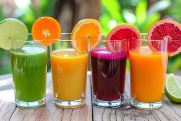 Poster - Five colorful fruit juices sitting on wooden table outdoors with a tropical background