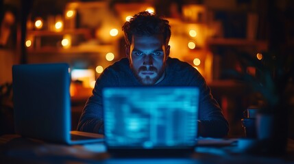 Poster - Focused individual working on a laptop in a dimly lit room illuminated by warm string lights during evening hours