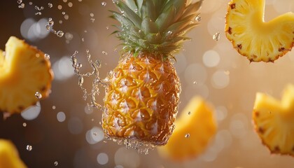 Wall Mural - Pineapple Slices Suspended in Water Droplets