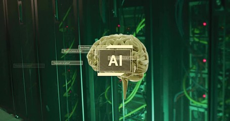 Poster - AI text animation over brain and server room background