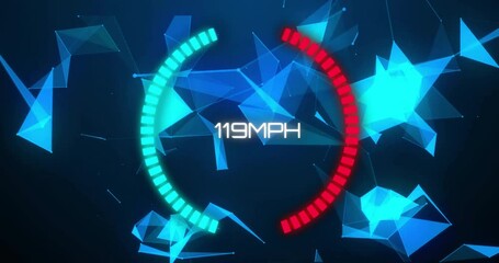 Poster - Speedometer animation showing 90 MPH over blue geometric shapes