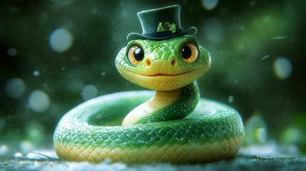 A whimsical green snake wearing a top hat, exuding charm and playfulness against a soft, dreamy background filled with gentle bokeh effects