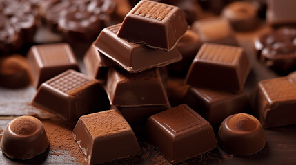 Pieces of milk chocolate bar on dark background. Sweet food is made of cocoa and sugar.