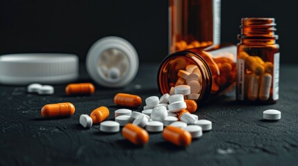 Pills and bottles of metrical composition, Close-up of orange white pills spilling out from an open bottle on the table with other medicine bottles in background,