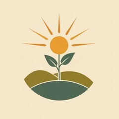 A minimalist logo design depicting a sun rising over a stylized field with a plant in the center, symbolizing growth and nature.