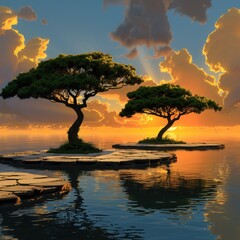 Serene sunset over tranquil waters with unique trees on stone islands