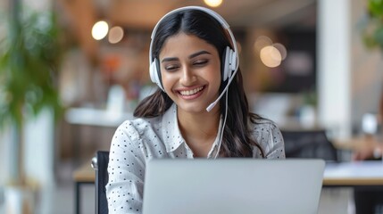 Poster - A woman wearing a headset is smiling while using a laptop