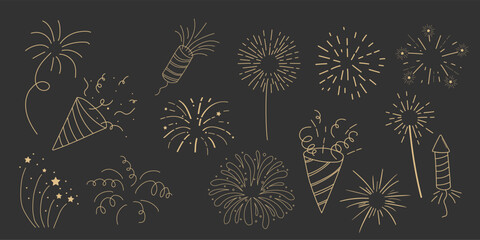 Sticker - Set gold fireworks, firecrackers golden burst, rays festive doodle sparkle lights isolated on dark background.Celebration, Party Icon, Anniversary, New Year Eve, independence