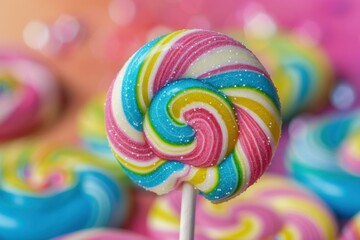 Poster - Colorful swirl lollipop is standing out from the crowd of other lollipops