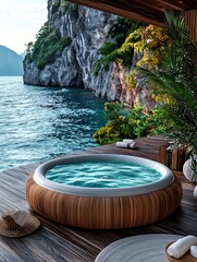 Serene hot tub overlooking tranquil water and lush cliffs, perfect for relaxation and escape into nature's beauty.