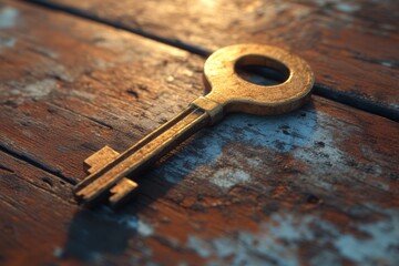 A close-up image of a vintage key resting on a weathered wooden surface, illuminated by warm natural light, showcasing its intricate design and worn texture