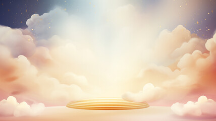 Wall Mural - an empty golden podium on a cloudy background for the presentation of goods in watercolor style