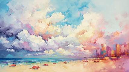 Wall Mural - Sunny beach of the sea coast, an impressive background postcard with colors of the blue ocean, beach, resort