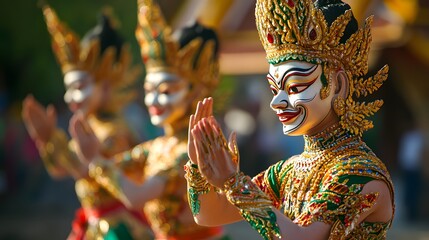 Wall Mural - Traditional Thai Dance: A traditional Thai dance performance with dancers in colorful costumes and intricate masks.
