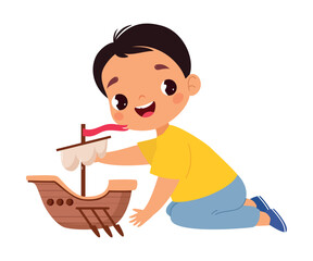 Canvas Print - Boy Character Play Toy Wooden Boat on Floor Vector Illustration