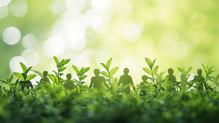 Wall Mural - Silhouettes of people holding hands against a background of green foliage