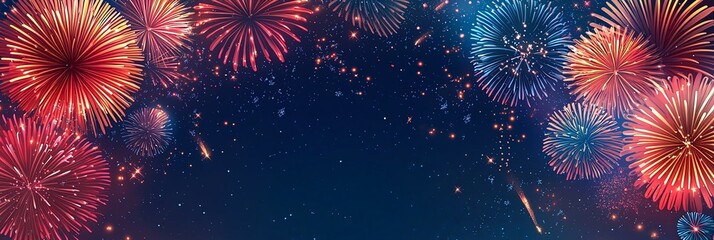 a spectacular array of bright, colorful fireworks explodes in the starry night sky, creating a vibra