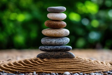 a simple yet tranquil scene of stacked stones in a miniature sand garden, evoking a sense of balance