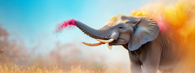 Wall Mural - elephant sprays colored powder onto tusks; backdrop, a blue sky