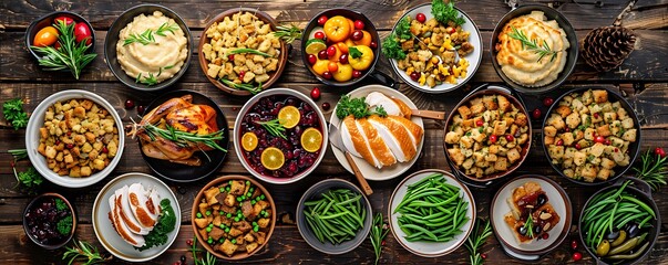 A Thanksgiving dinner spread with a variety of dishes including turkey stuffing cranberry sauce and green beans all arranged on a rustic wooden table